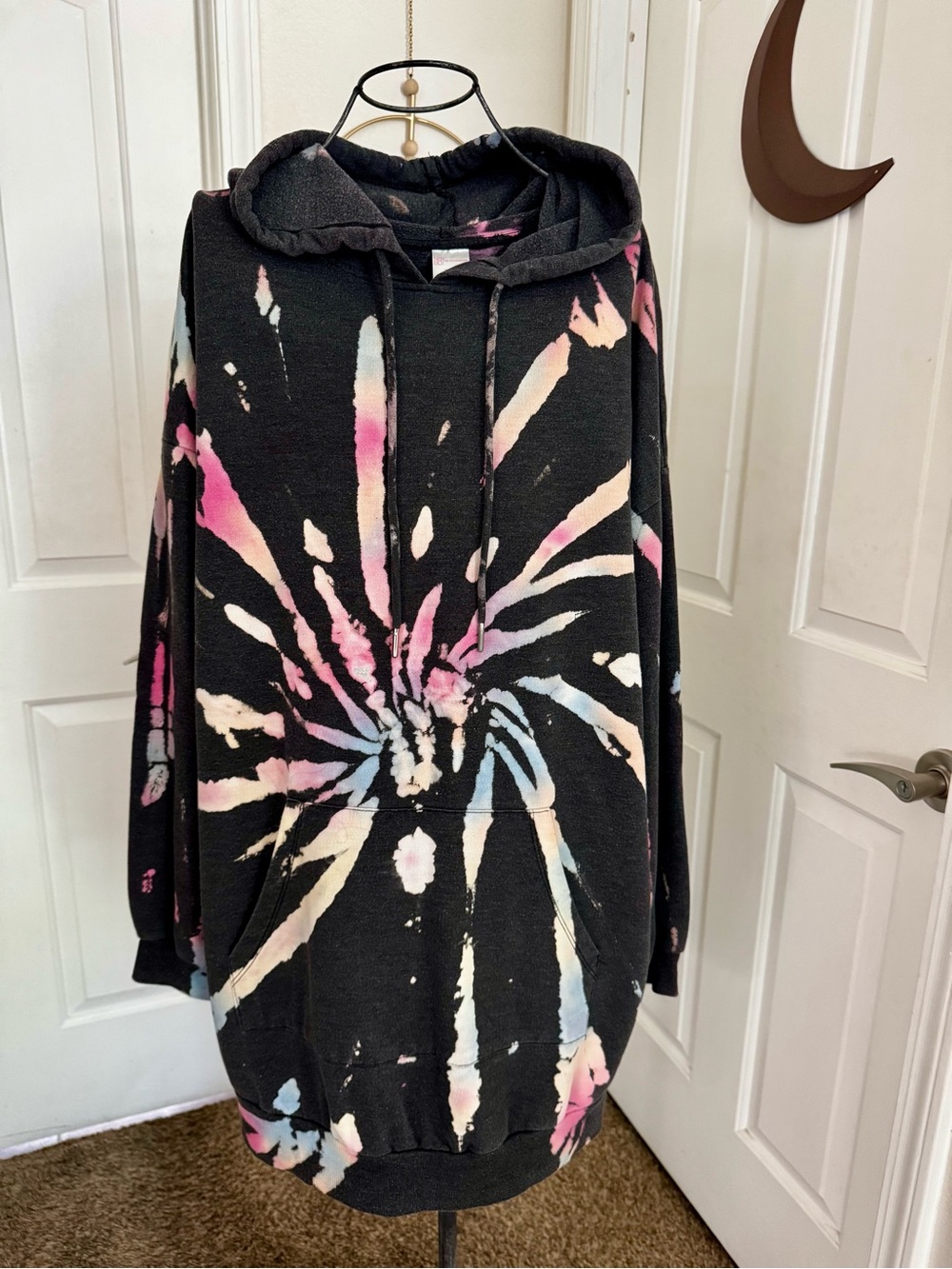 Charcoal Tie-Dye Pullover Hoodie Dress with Pastel Burst